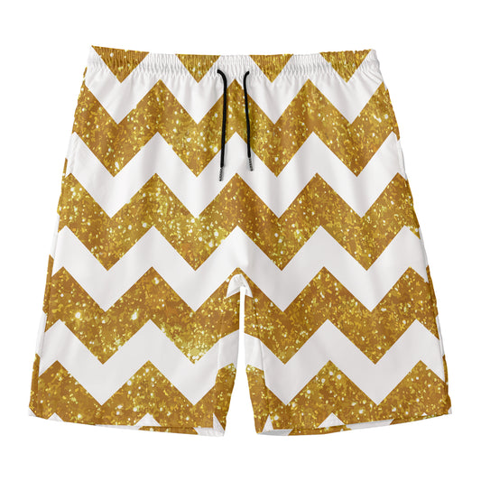 Gold And White Chevron Pattern Print Men's Swim Trunks