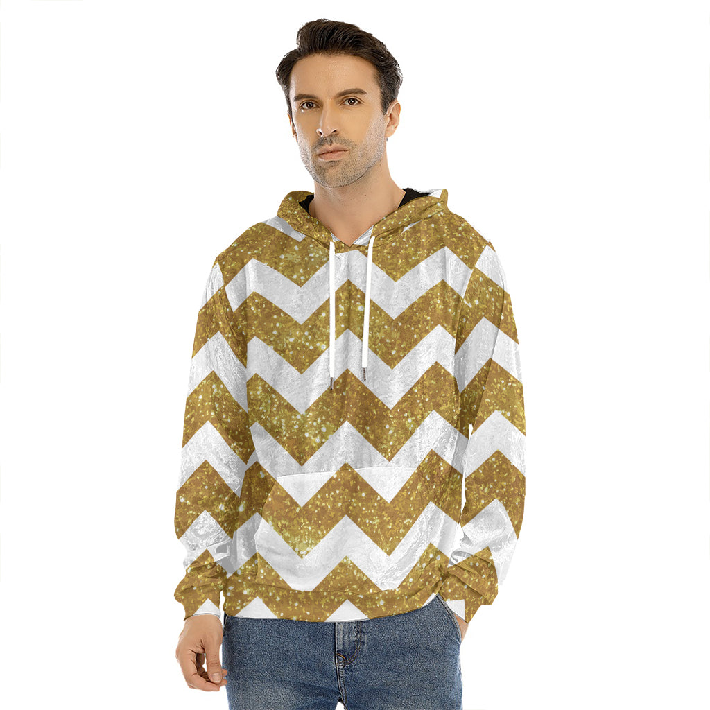 Gold And White Chevron Pattern Print Men's Velvet Pullover Hoodie
