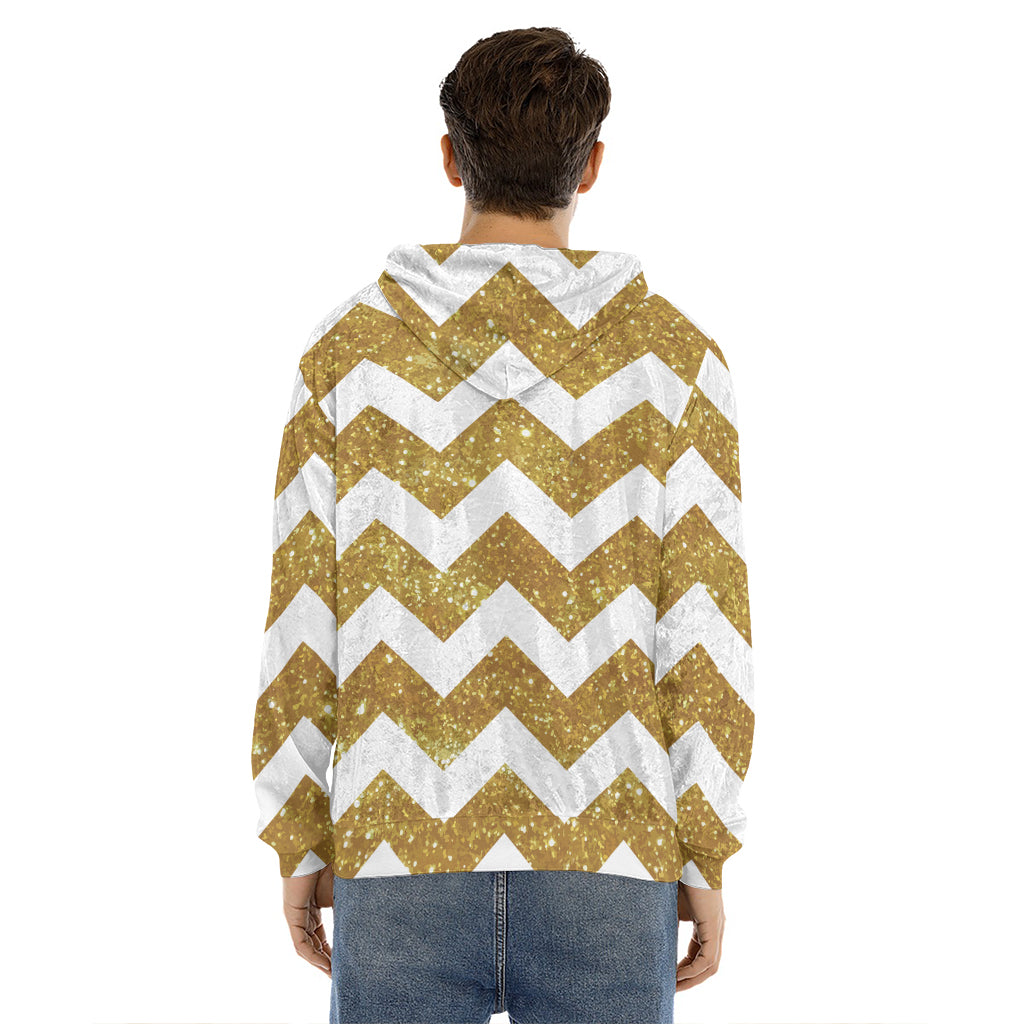 Gold And White Chevron Pattern Print Men's Velvet Pullover Hoodie