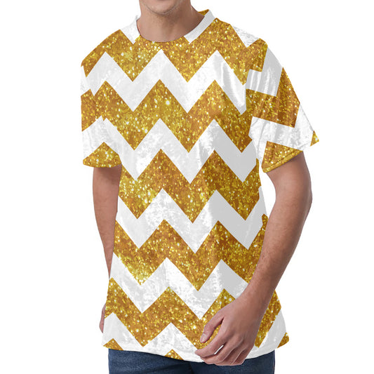 Gold And White Chevron Pattern Print Men's Velvet T-Shirt