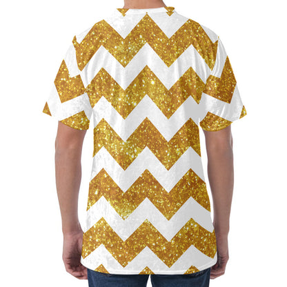 Gold And White Chevron Pattern Print Men's Velvet T-Shirt