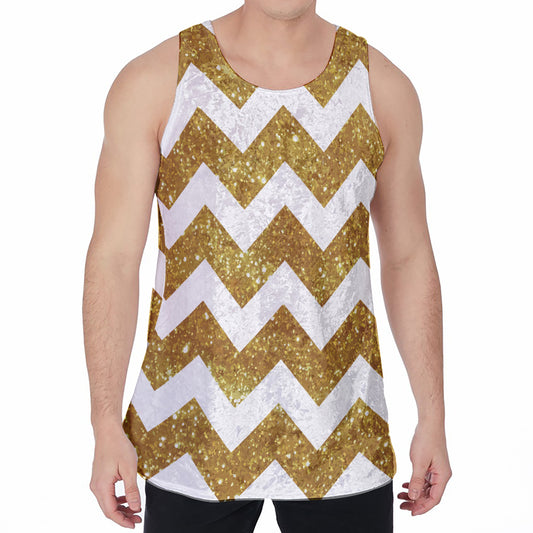 Gold And White Chevron Pattern Print Men's Velvet Tank Top