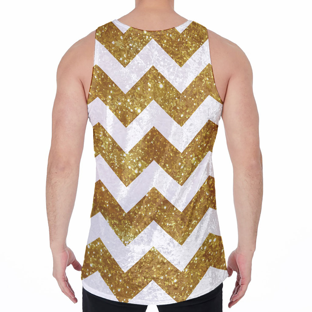 Gold And White Chevron Pattern Print Men's Velvet Tank Top