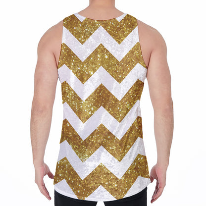 Gold And White Chevron Pattern Print Men's Velvet Tank Top