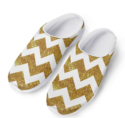 Gold And White Chevron Pattern Print Mesh Casual Shoes