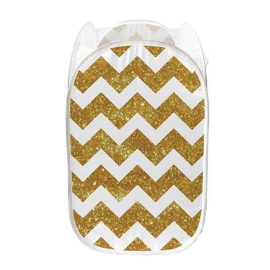Gold And White Chevron Pattern Print Mesh Laundry Hamper