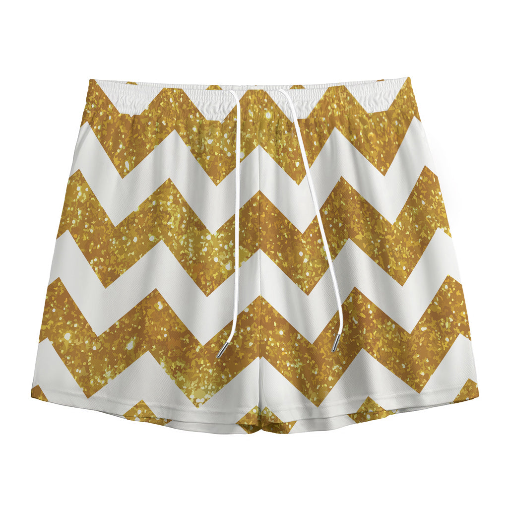 Gold And White Chevron Pattern Print Mesh Shorts