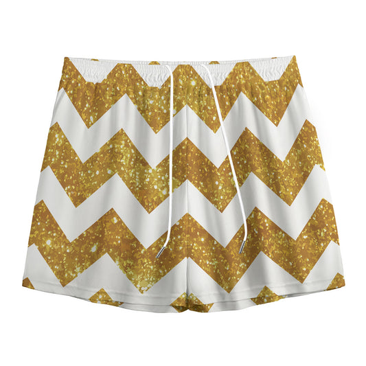 Gold And White Chevron Pattern Print Mesh Shorts
