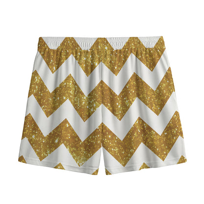 Gold And White Chevron Pattern Print Mesh Shorts