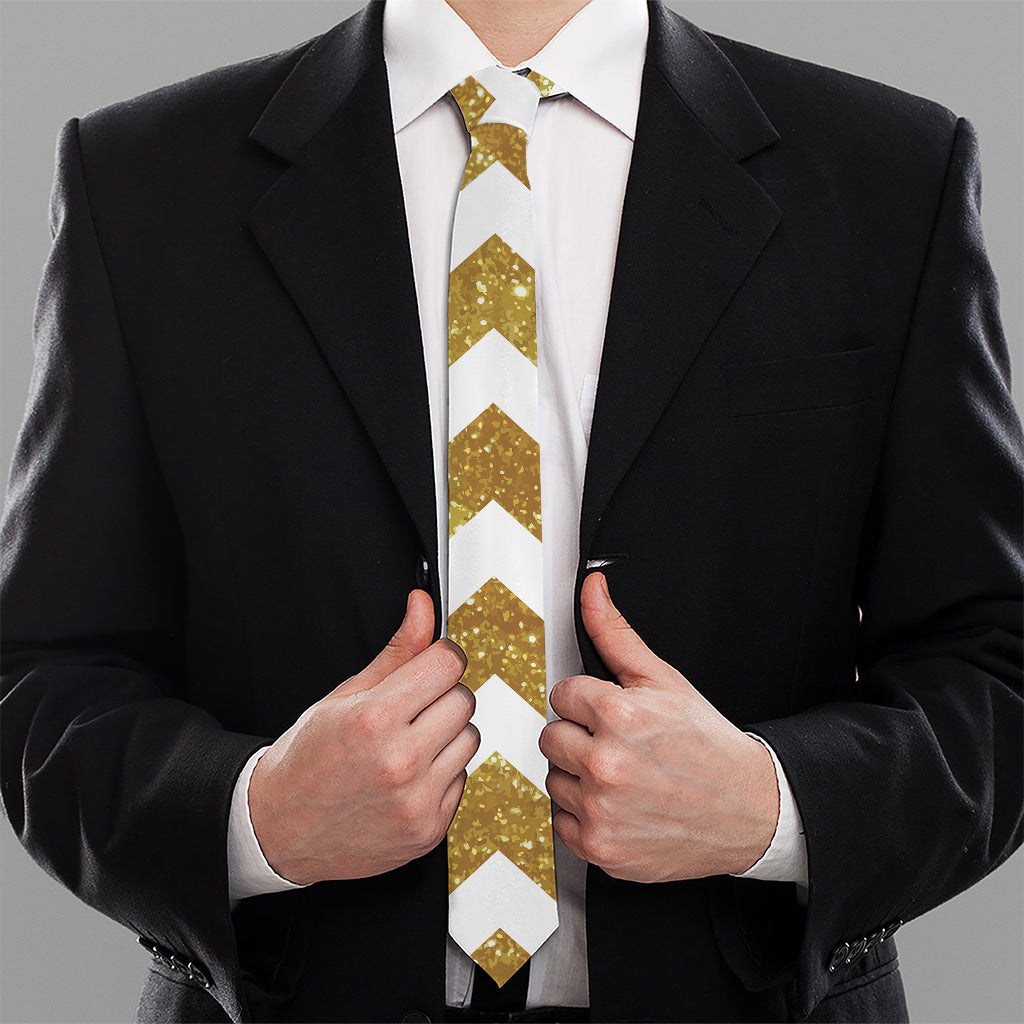 Gold And White Chevron Pattern Print Necktie