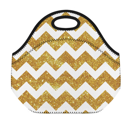 Gold And White Chevron Pattern Print Neoprene Lunch Bag