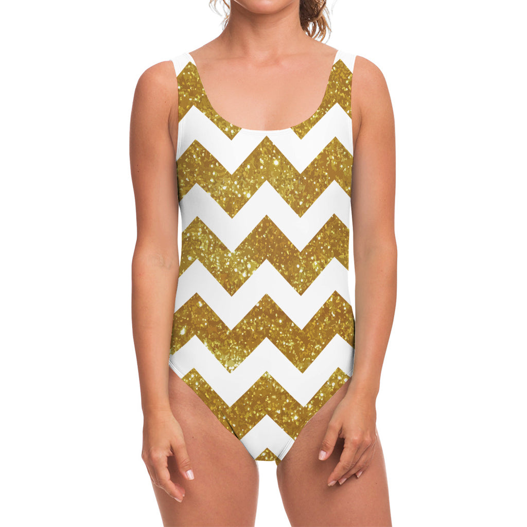 Gold And White Chevron Pattern Print One Piece Swimsuit