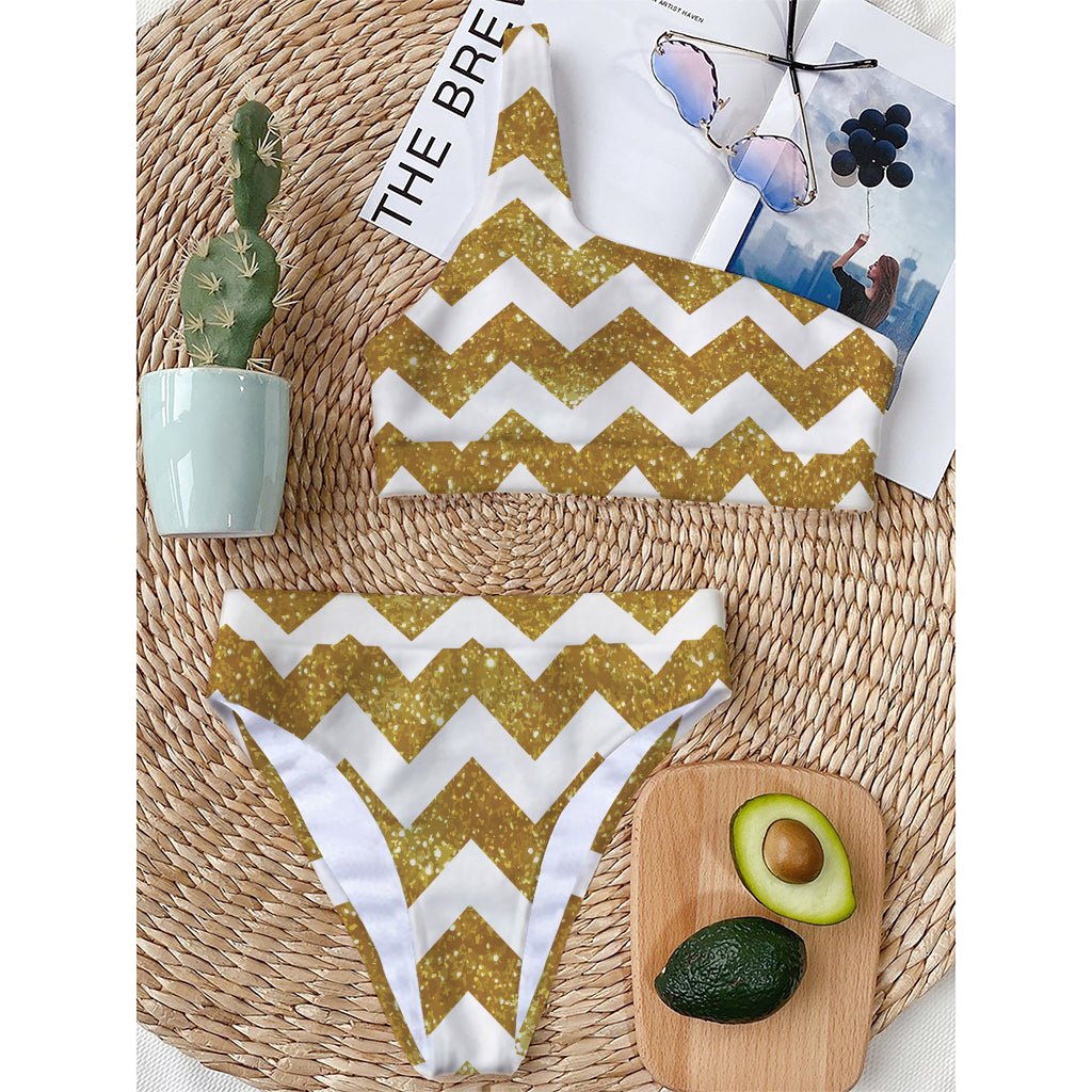 Gold And White Chevron Pattern Print One Shoulder Bikini Top