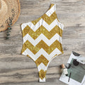 Gold And White Chevron Pattern Print One Shoulder Bodysuit