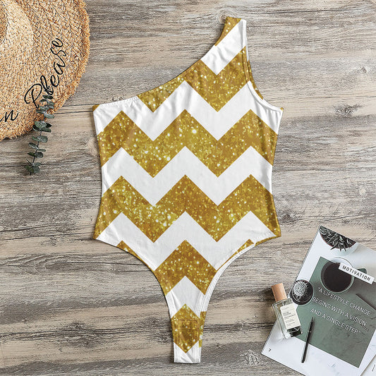 Gold And White Chevron Pattern Print One Shoulder Bodysuit