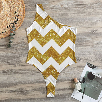 Gold And White Chevron Pattern Print One Shoulder Bodysuit