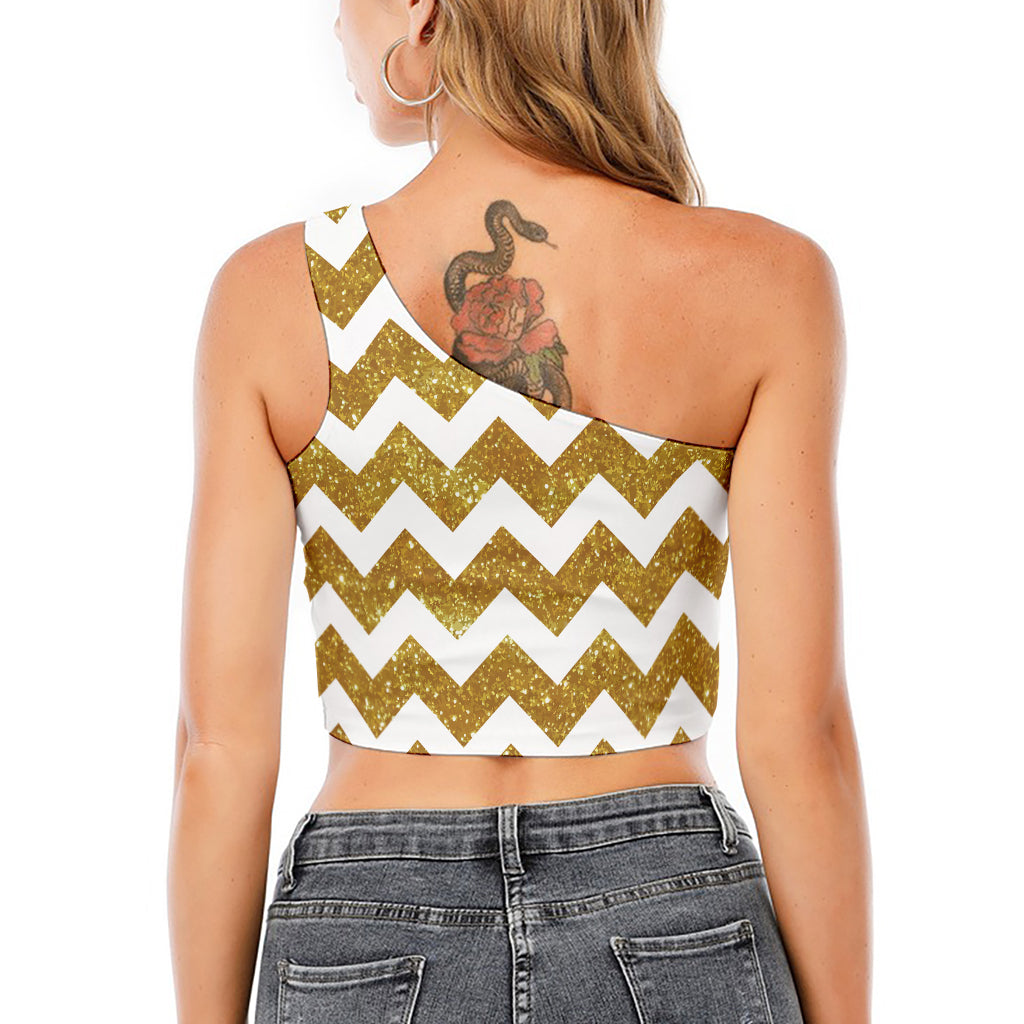 Gold And White Chevron Pattern Print One Shoulder Crop Top