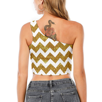 Gold And White Chevron Pattern Print One Shoulder Crop Top