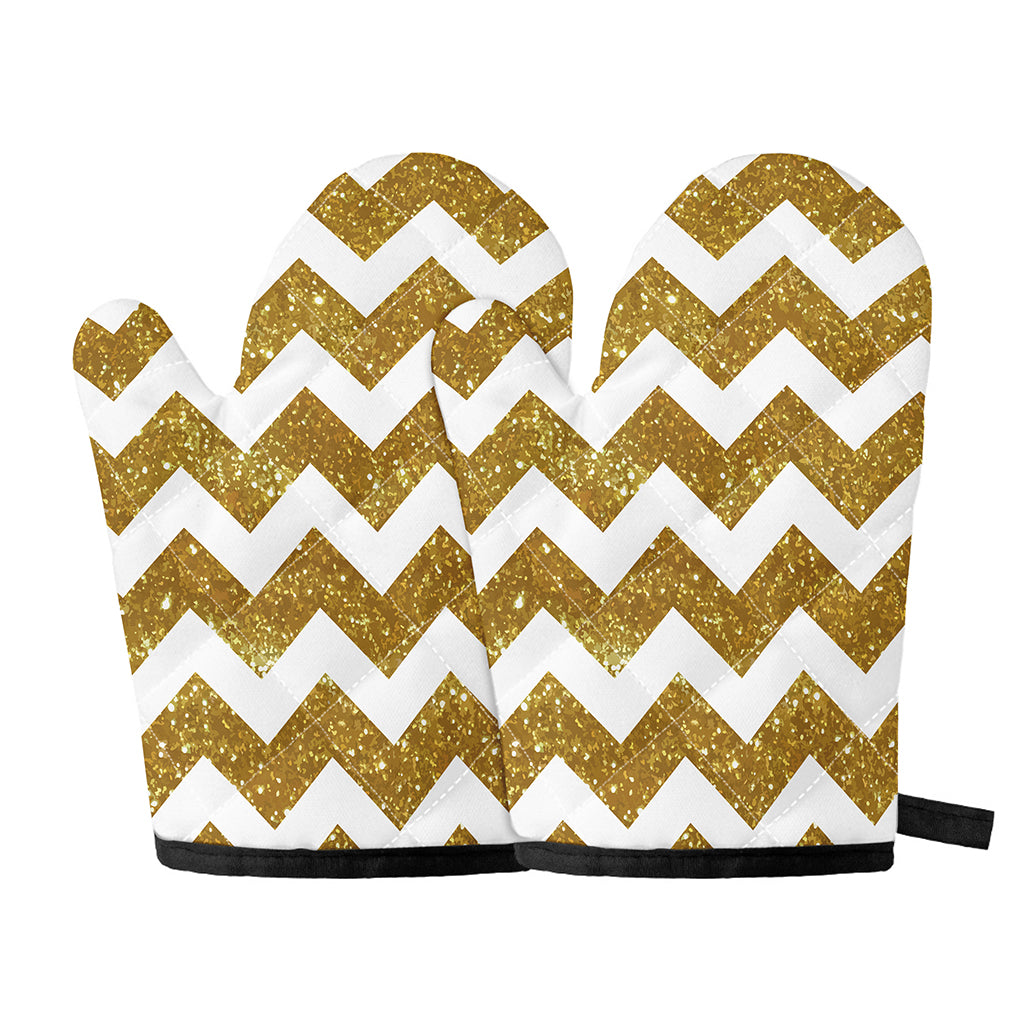 Gold And White Chevron Pattern Print Oven Mitts