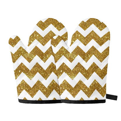 Gold And White Chevron Pattern Print Oven Mitts