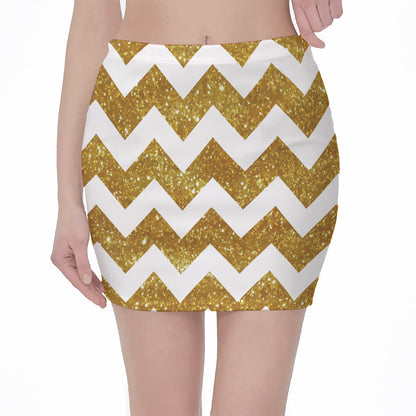 Gold And White Chevron Pattern Print Pencil Mini Skirt