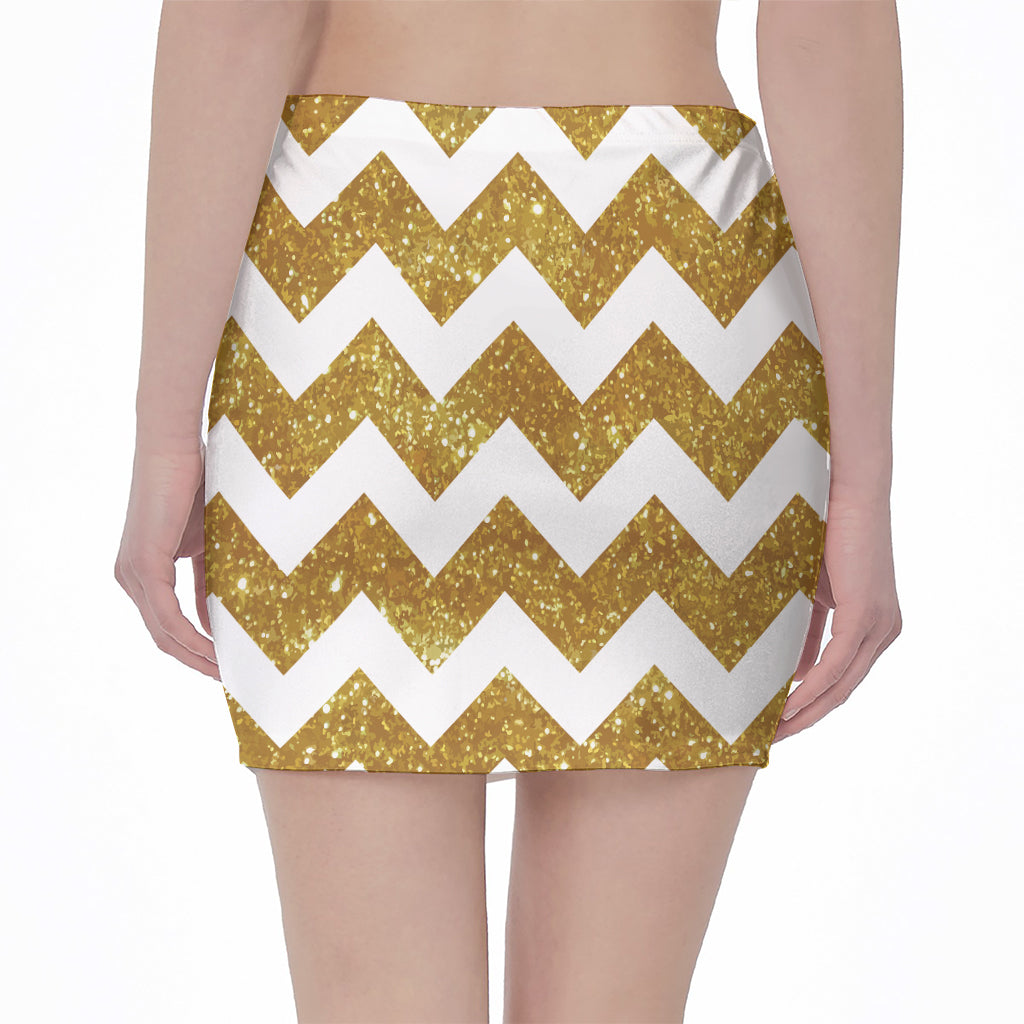 Gold And White Chevron Pattern Print Pencil Mini Skirt