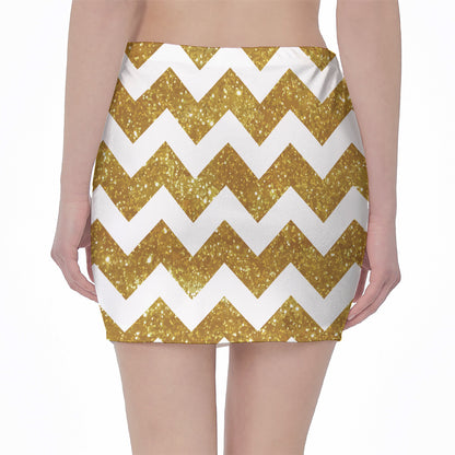 Gold And White Chevron Pattern Print Pencil Mini Skirt