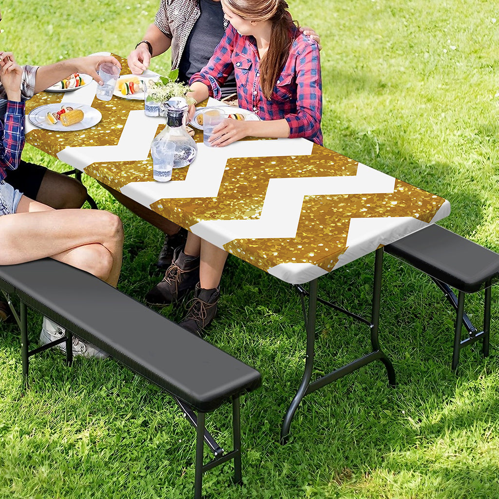 Gold And White Chevron Pattern Print Picnic Table Cover