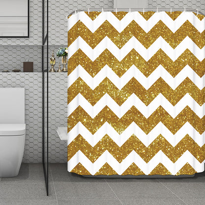 Gold And White Chevron Pattern Print Polyester Shower Curtain