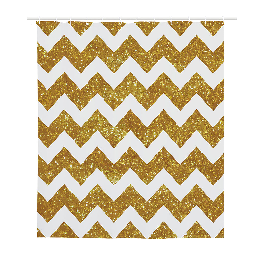 Gold And White Chevron Pattern Print Polyester Shower Curtain