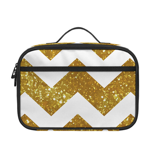 Gold And White Chevron Pattern Print Portable Lunch Bag