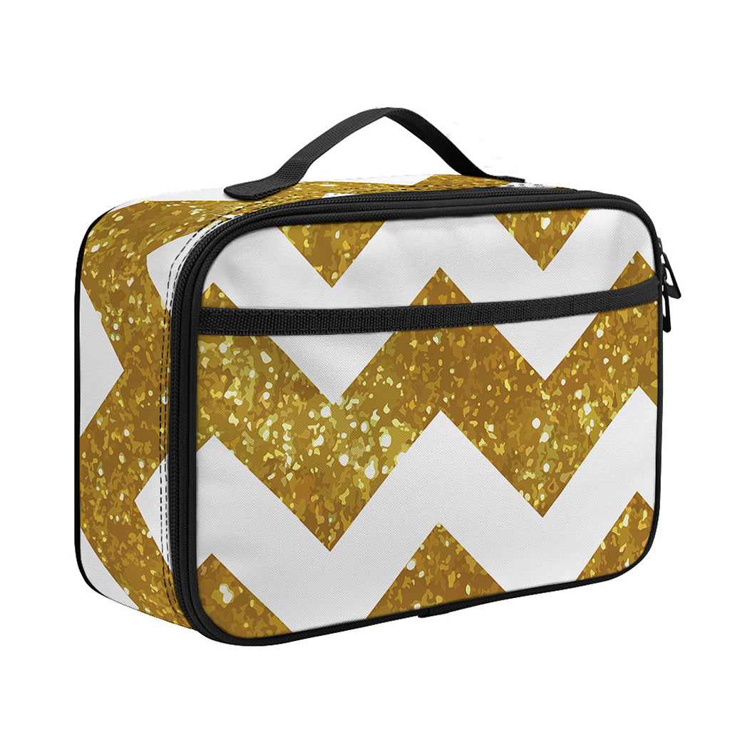 Gold And White Chevron Pattern Print Portable Lunch Bag