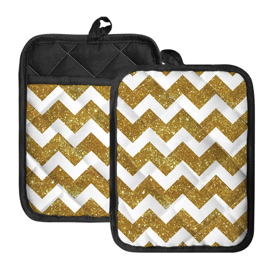 Gold And White Chevron Pattern Print Pot Holders With Pocket