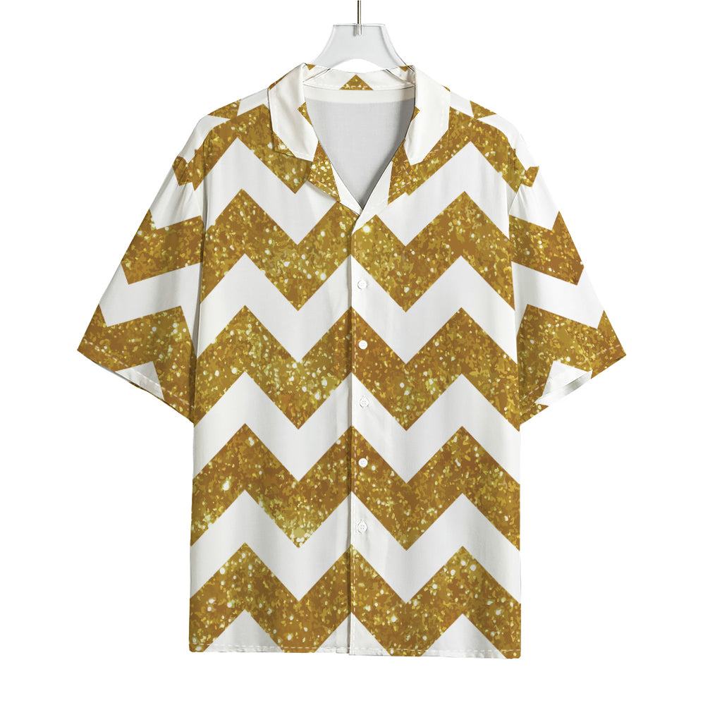 Gold And White Chevron Pattern Print Rayon Hawaiian Shirt
