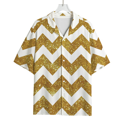 Gold And White Chevron Pattern Print Rayon Hawaiian Shirt