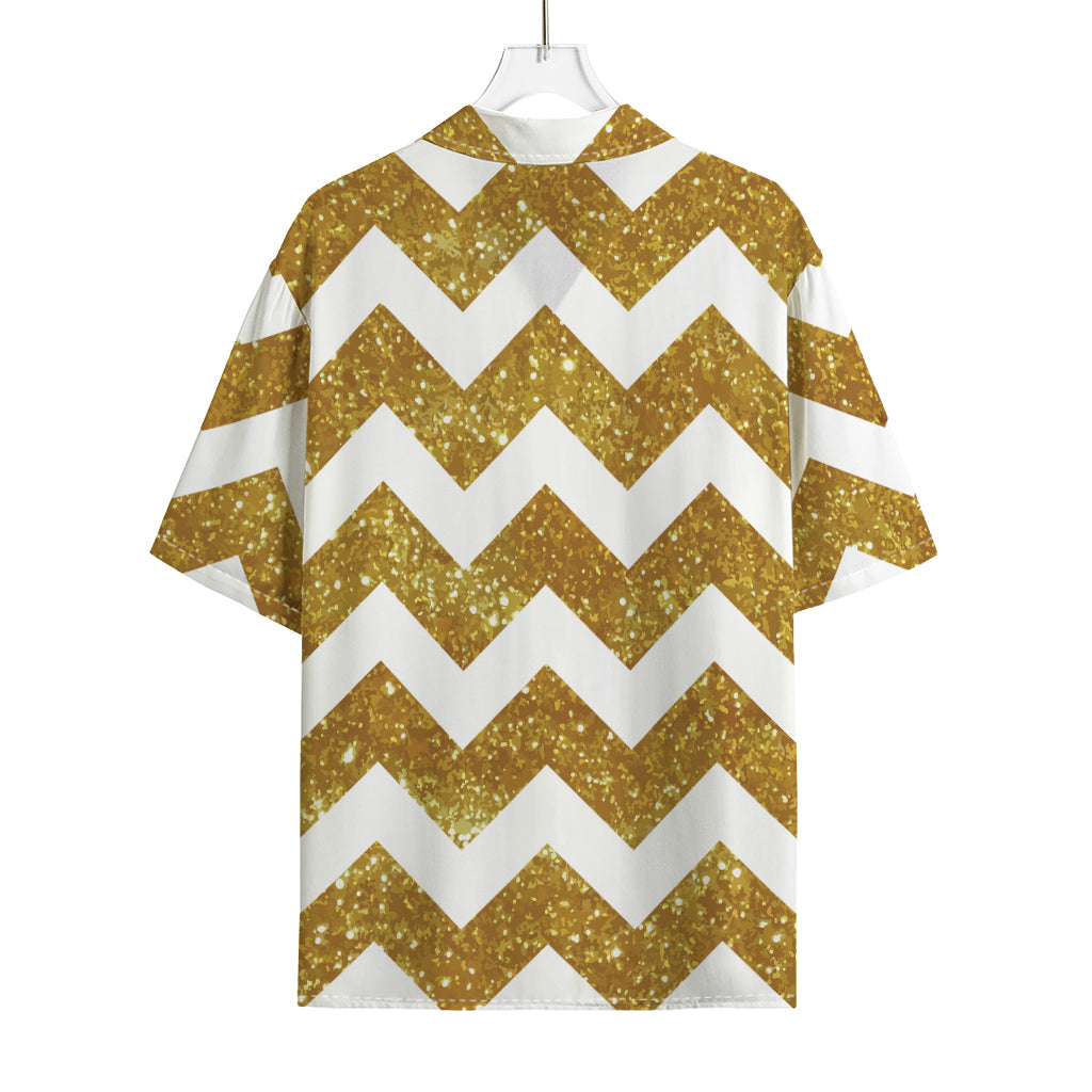 Gold And White Chevron Pattern Print Rayon Hawaiian Shirt