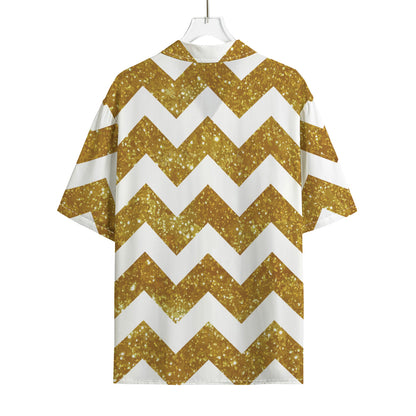 Gold And White Chevron Pattern Print Rayon Hawaiian Shirt