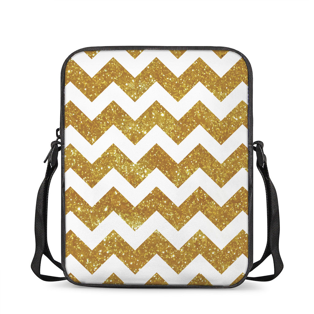 Gold And White Chevron Pattern Print Rectangular Crossbody Bag