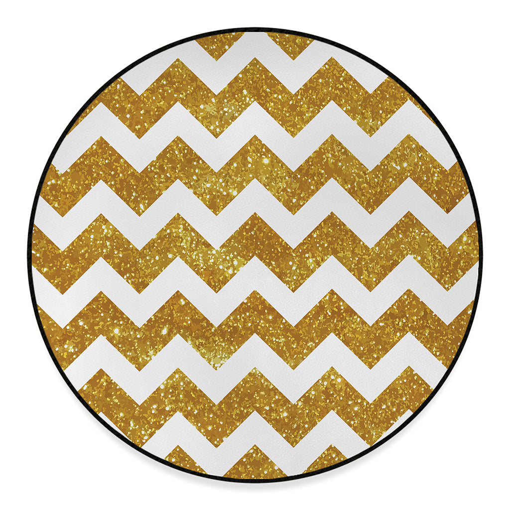 Gold And White Chevron Pattern Print Round Floor Mat