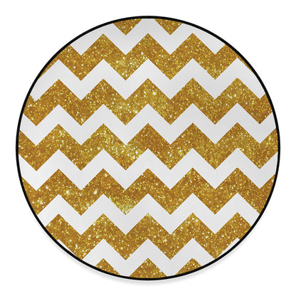 Gold And White Chevron Pattern Print Round Floor Mat