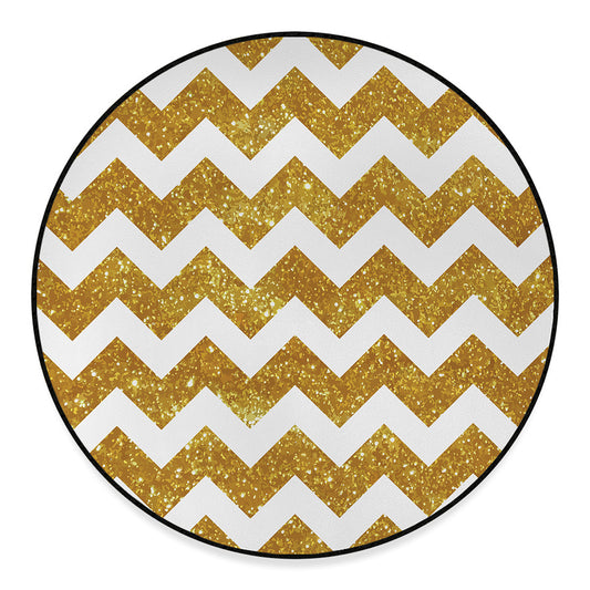 Gold And White Chevron Pattern Print Round Floor Mat