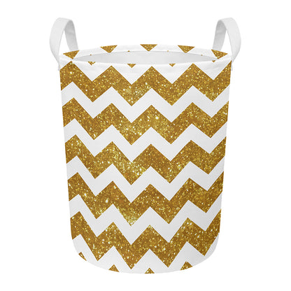 Gold And White Chevron Pattern Print Round Laundry Basket