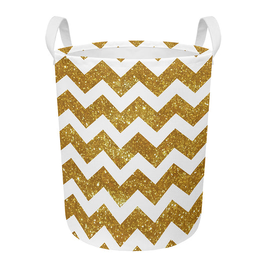 Gold And White Chevron Pattern Print Round Laundry Basket