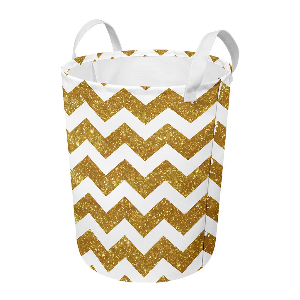Gold And White Chevron Pattern Print Round Laundry Basket