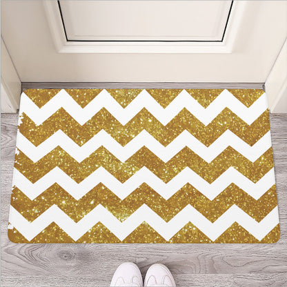 Gold And White Chevron Pattern Print Rubber Doormat