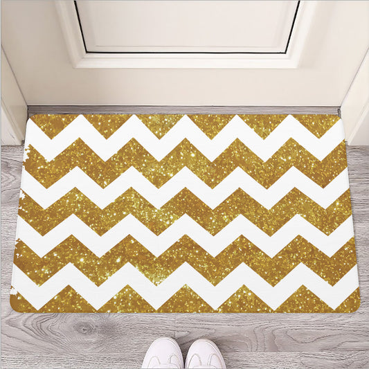 Gold And White Chevron Pattern Print Rubber Doormat