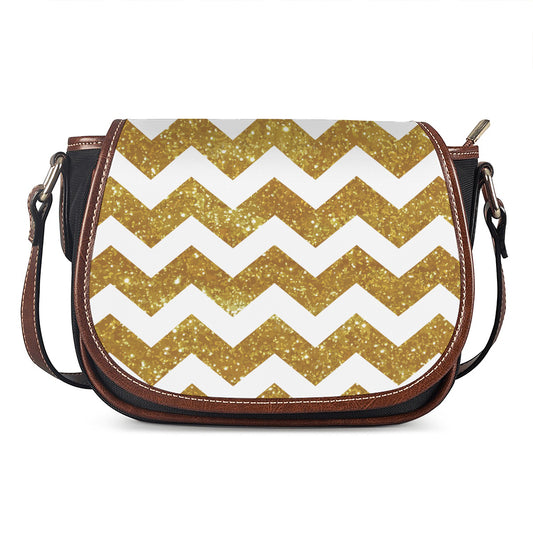 Gold And White Chevron Pattern Print Saddle Bag