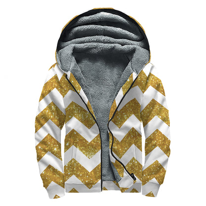 Gold And White Chevron Pattern Print Sherpa Lined Zip Up Hoodie