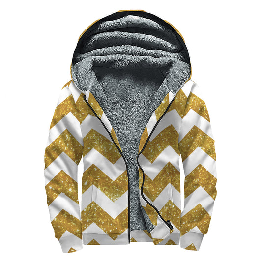 Gold And White Chevron Pattern Print Sherpa Lined Zip Up Hoodie