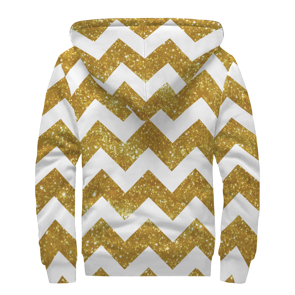 Gold And White Chevron Pattern Print Sherpa Lined Zip Up Hoodie